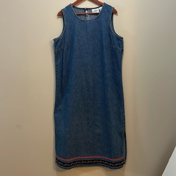Studio Ease Denim Dress Sleeveless Blue Jean Maxi Ribbon Trim Women’s 16W - Picture 1 of 10